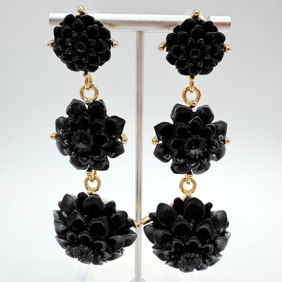 Rare Kenneth Jay Lane Black Resin Flower Drop Earrings Duster Statement Floral - Picture 2 of 14